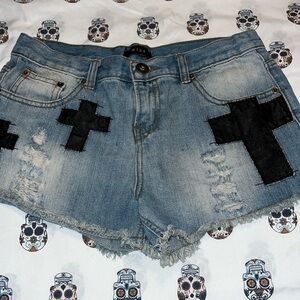 Mine Patched Crosses Cut Off Distressed Ripped Denim Shorts Womens SZ Medium